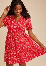 Red Floral Tiered Mini Dress, RED COMBO, small