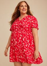 Plus Size Red Floral Tiered Mini Dress, RED COMBO, small