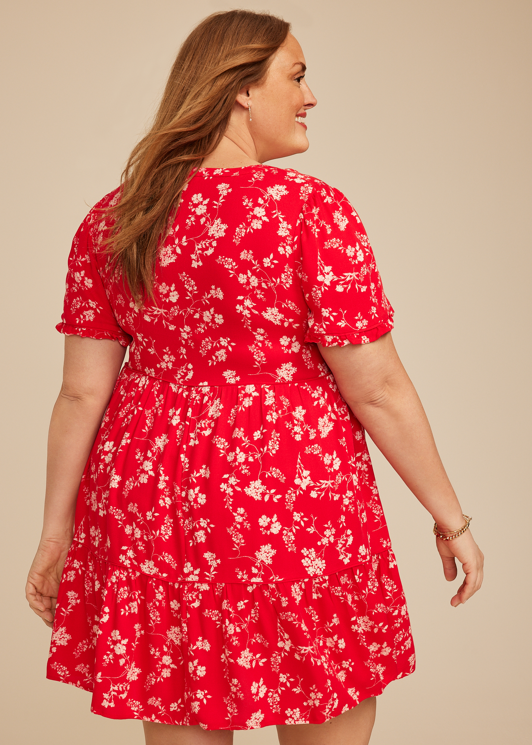 Plus Size Red Floral Tiered Mini Dress, RED COMBO, large