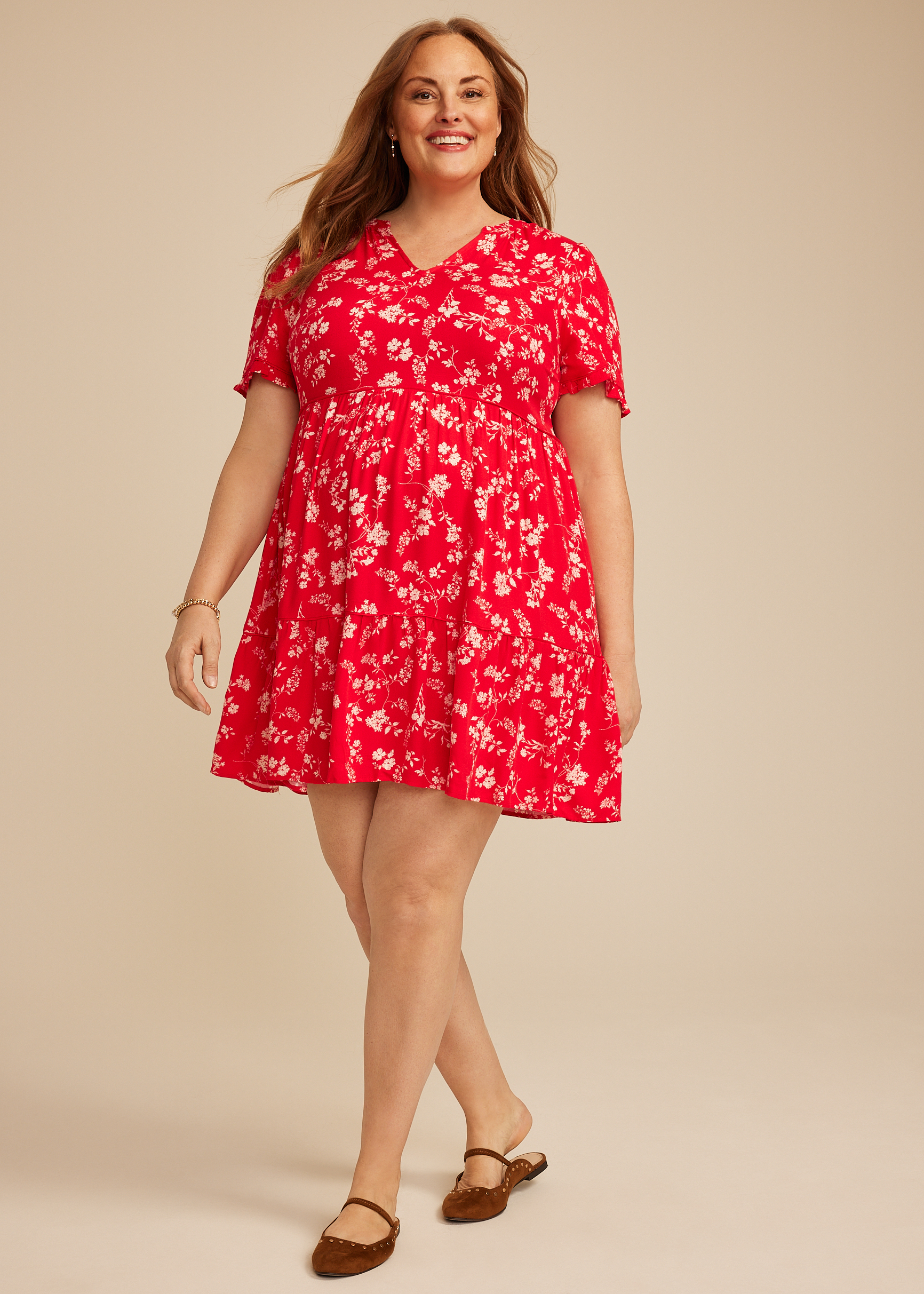 Plus Size Red Floral Tiered Mini Dress, RED COMBO, large