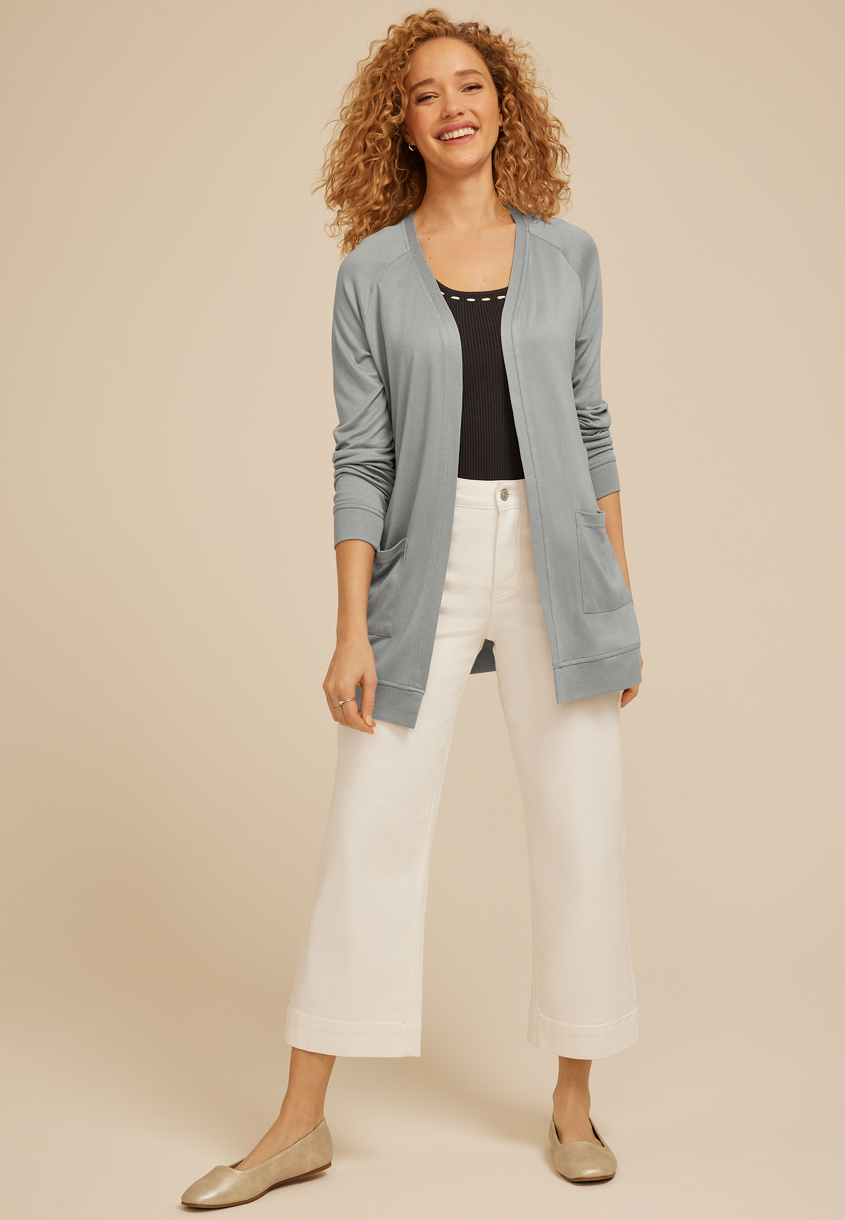 Knit Pocket Open Front Cardigan - thumbnail 6