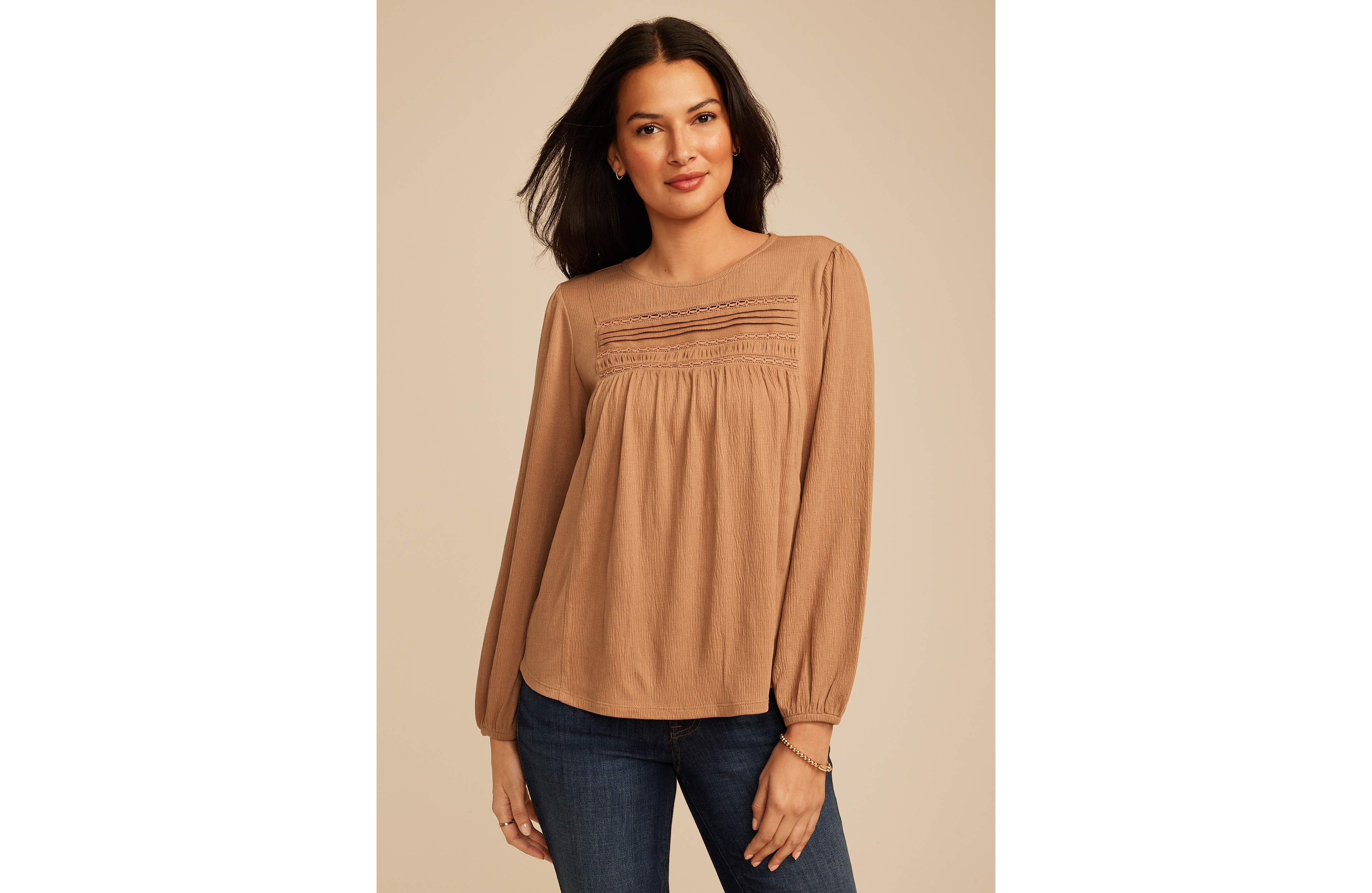 Textured Lace Inset Pintuck Blouse