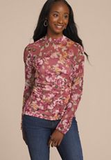 Floral Mesh Mock Neck Blouse, MAUVE COMBO, small