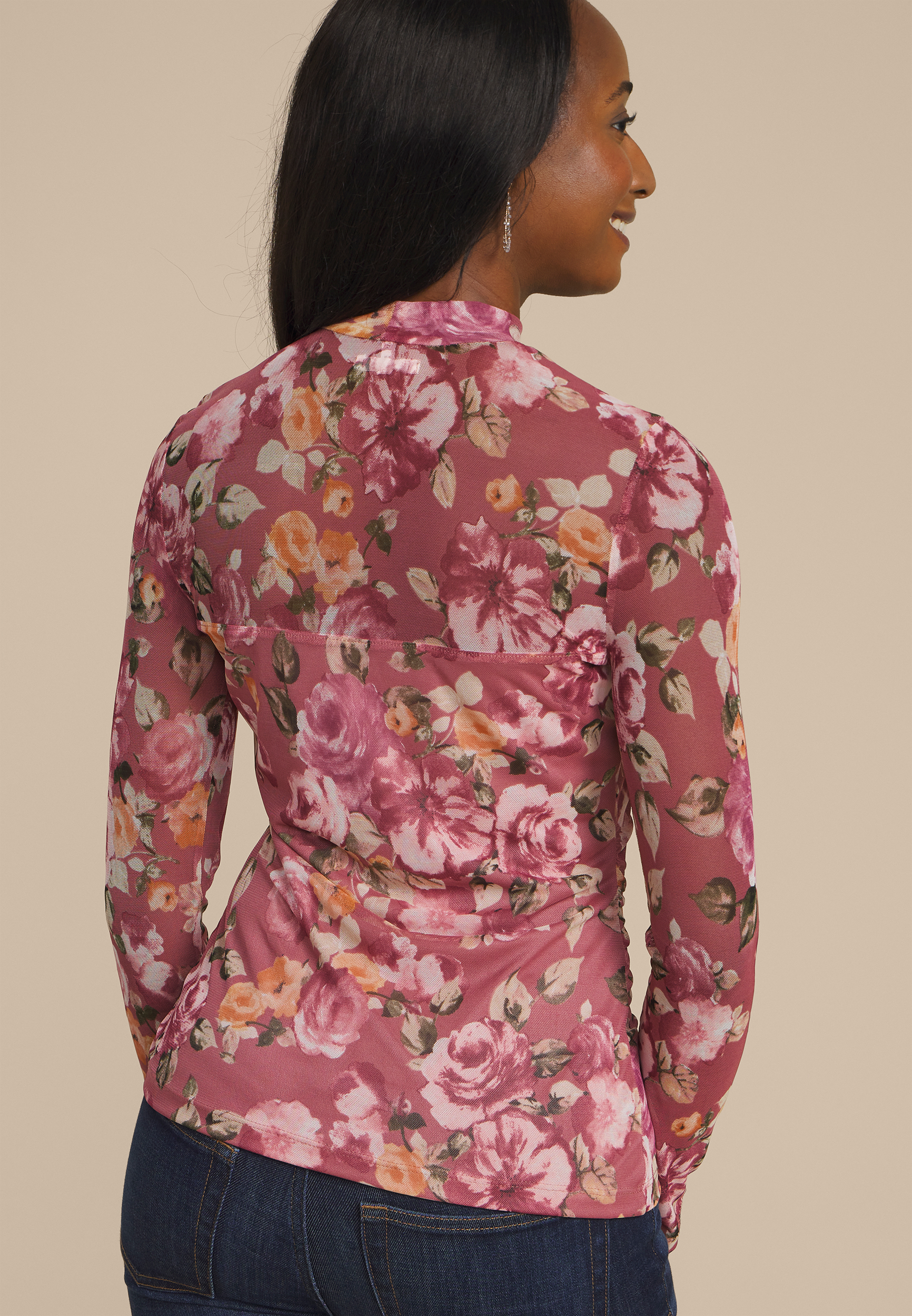 Floral Mesh Mock Neck Blouse, MAUVE COMBO, large