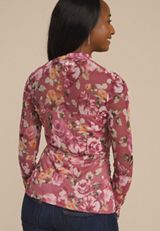 Floral Mesh Mock Neck Blouse, MAUVE COMBO, small