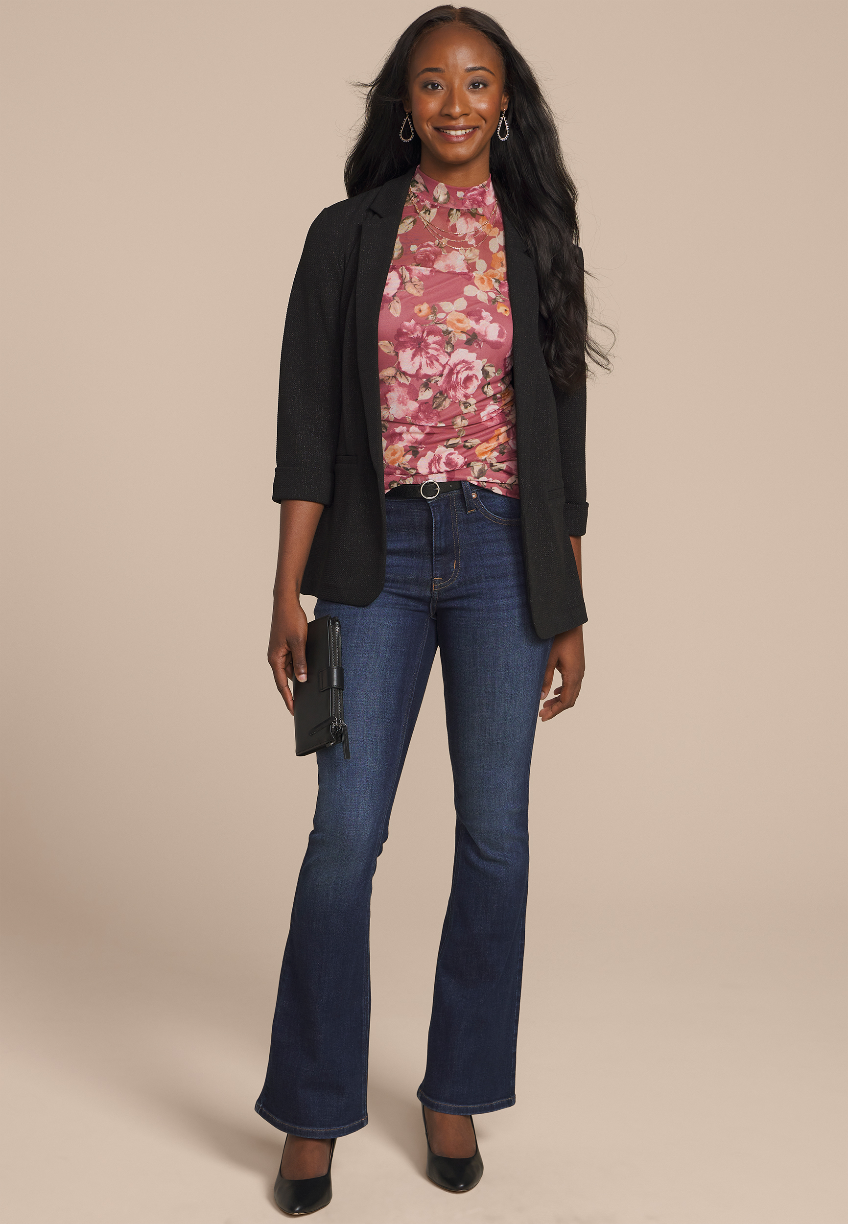 Floral Mesh Mock Neck Blouse, MAUVE COMBO, large