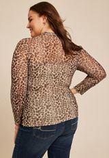 Plus Size Leopard Mesh Mock Neck Blouse, BROWN COMBO, small
