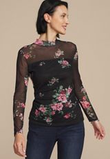 Floral Mesh Mock Neck Blouse, BLACK COMBO, small