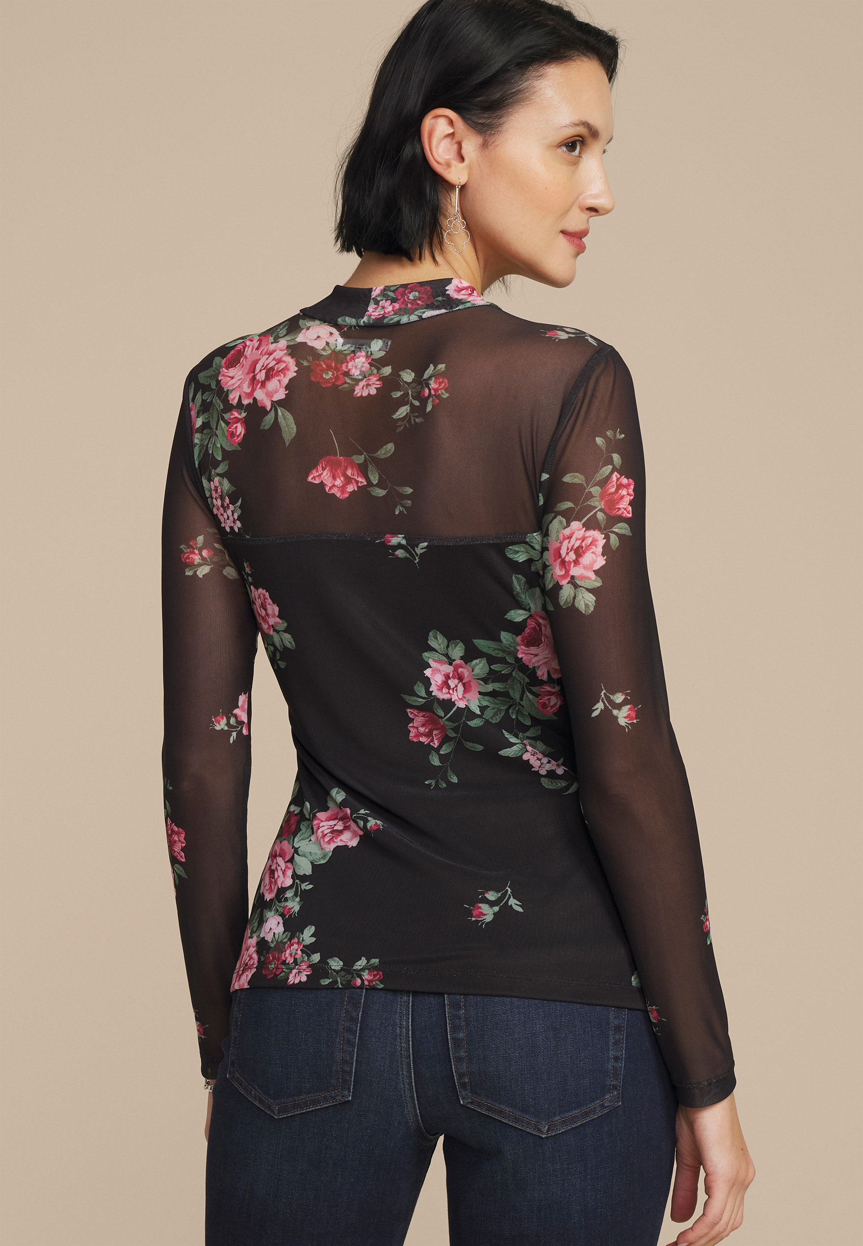 Floral Mesh Mock Neck Blouse, BLACK COMBO, large