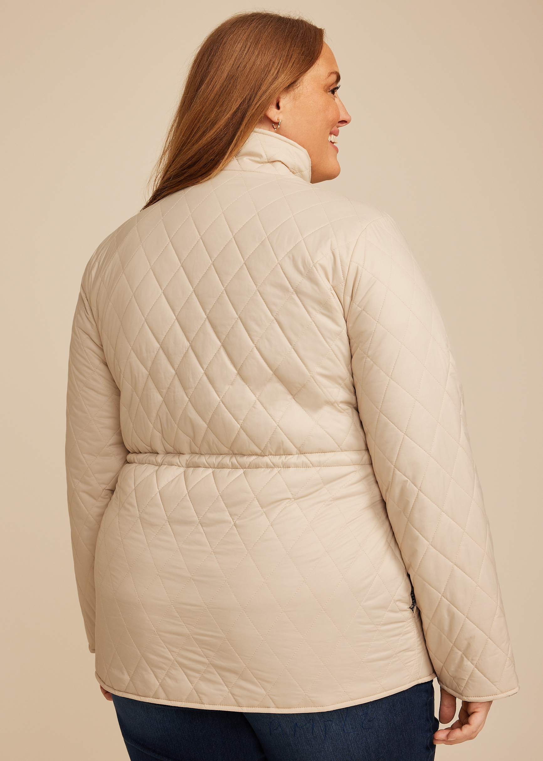 Plus Size Cinch Waist Quilted Jacket, BEIGE, large