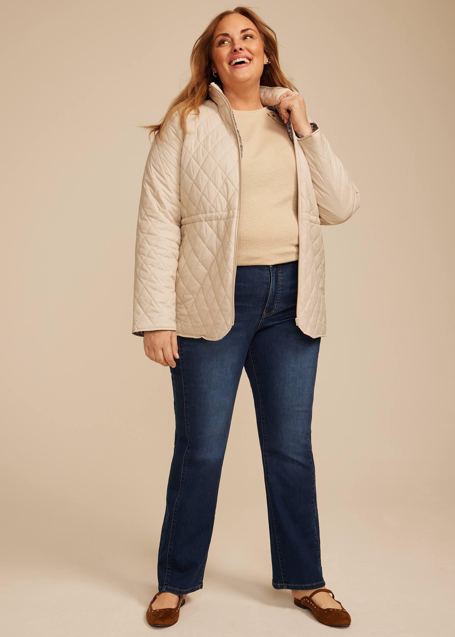 Plus Size Cinch Waist Quilted Jacket, BEIGE, large