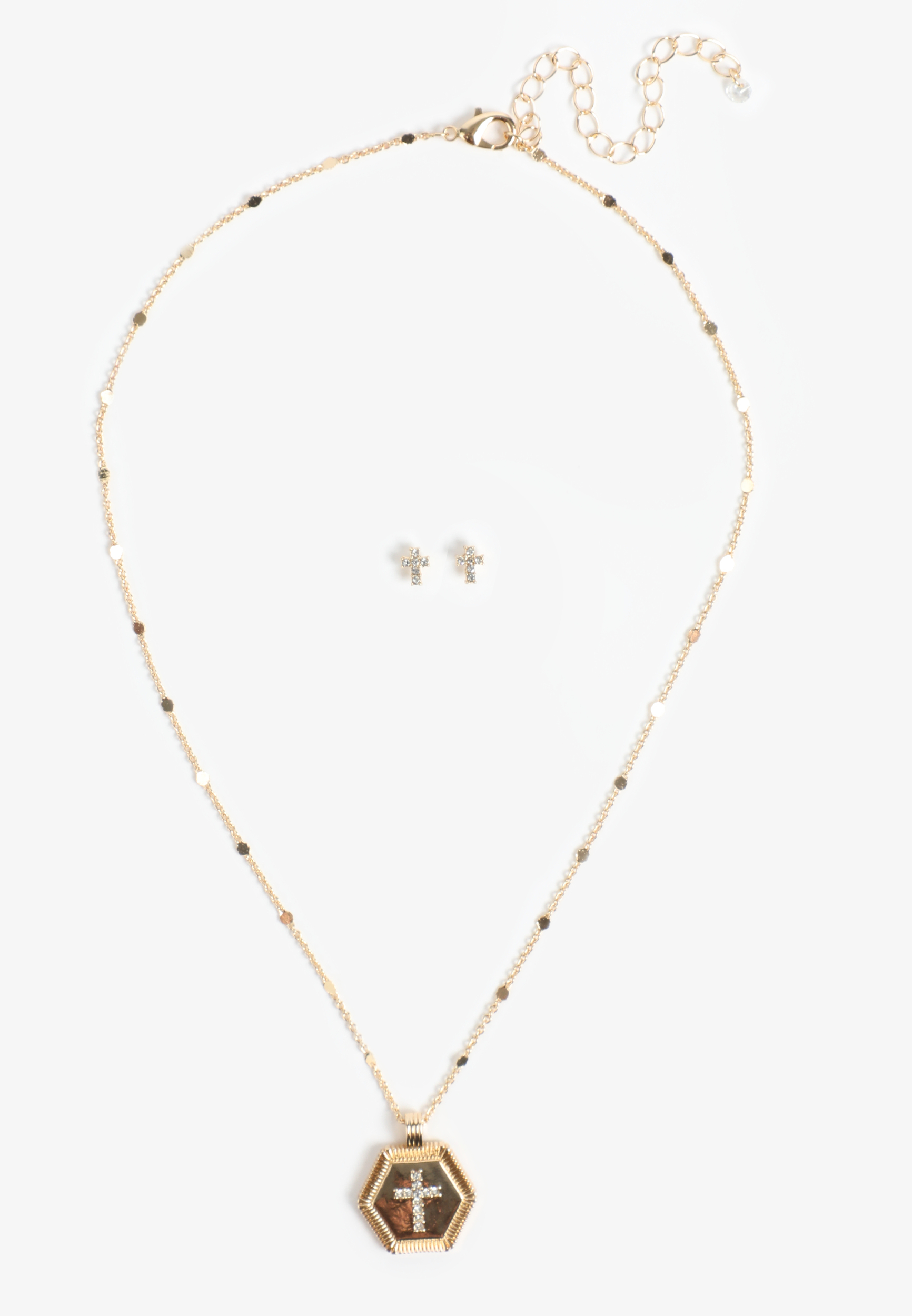 Rhinestone Cross Necklace And Earring Set, GOLD, large