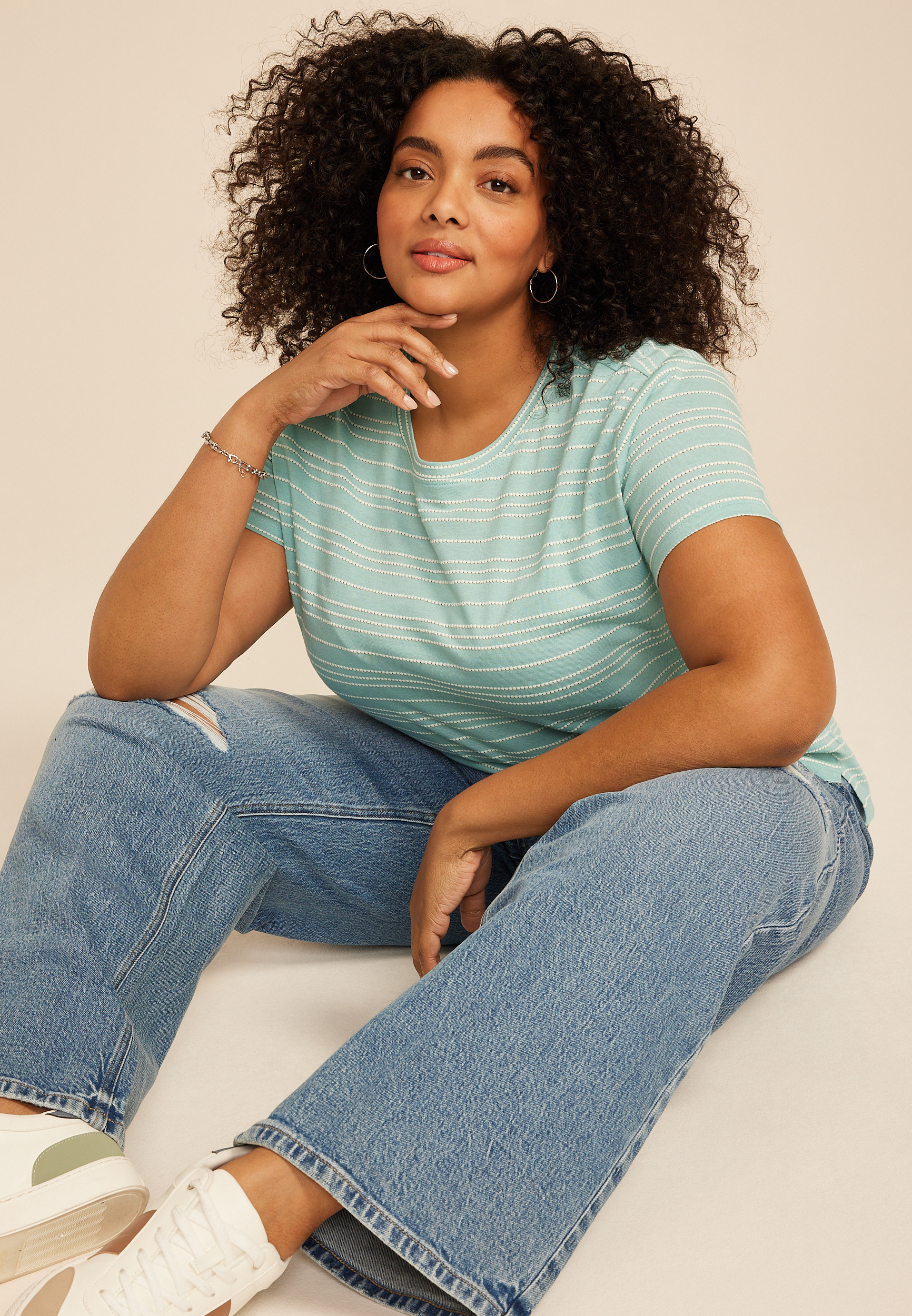 Plus Size 24/7 Dawson Metallic Striped Crew Neck Tee, AQUIFER COMBO, large
