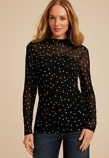 Polka Dot Mesh Mock Neck Blouse, C1756, small
