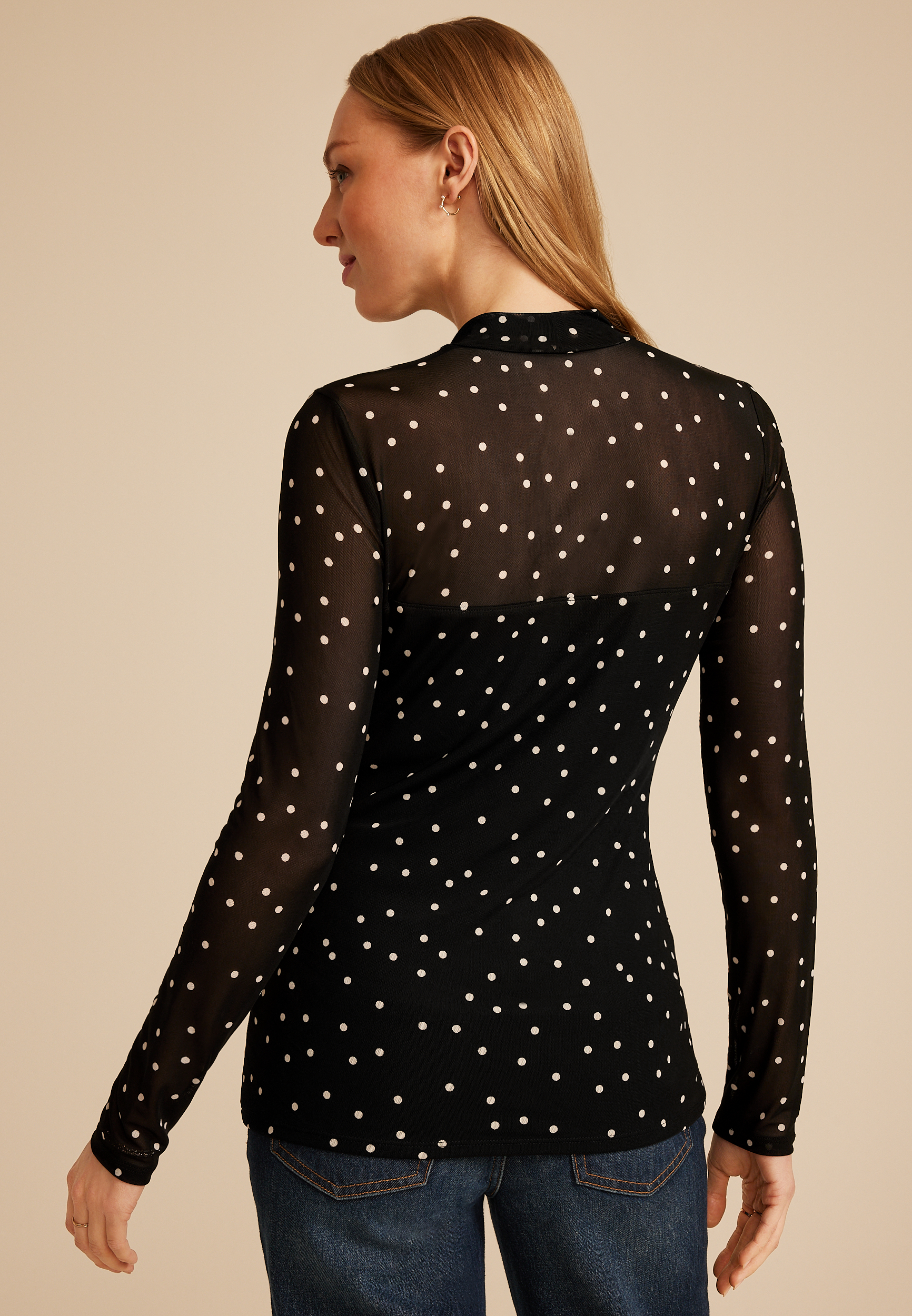 Polka Dot Mesh Mock Neck Blouse, C1756, large