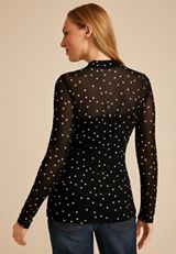 Polka Dot Mesh Mock Neck Blouse, C1756, small