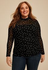 Plus Size Polka Dot Mesh Mock Neck Blouse, C1756, small
