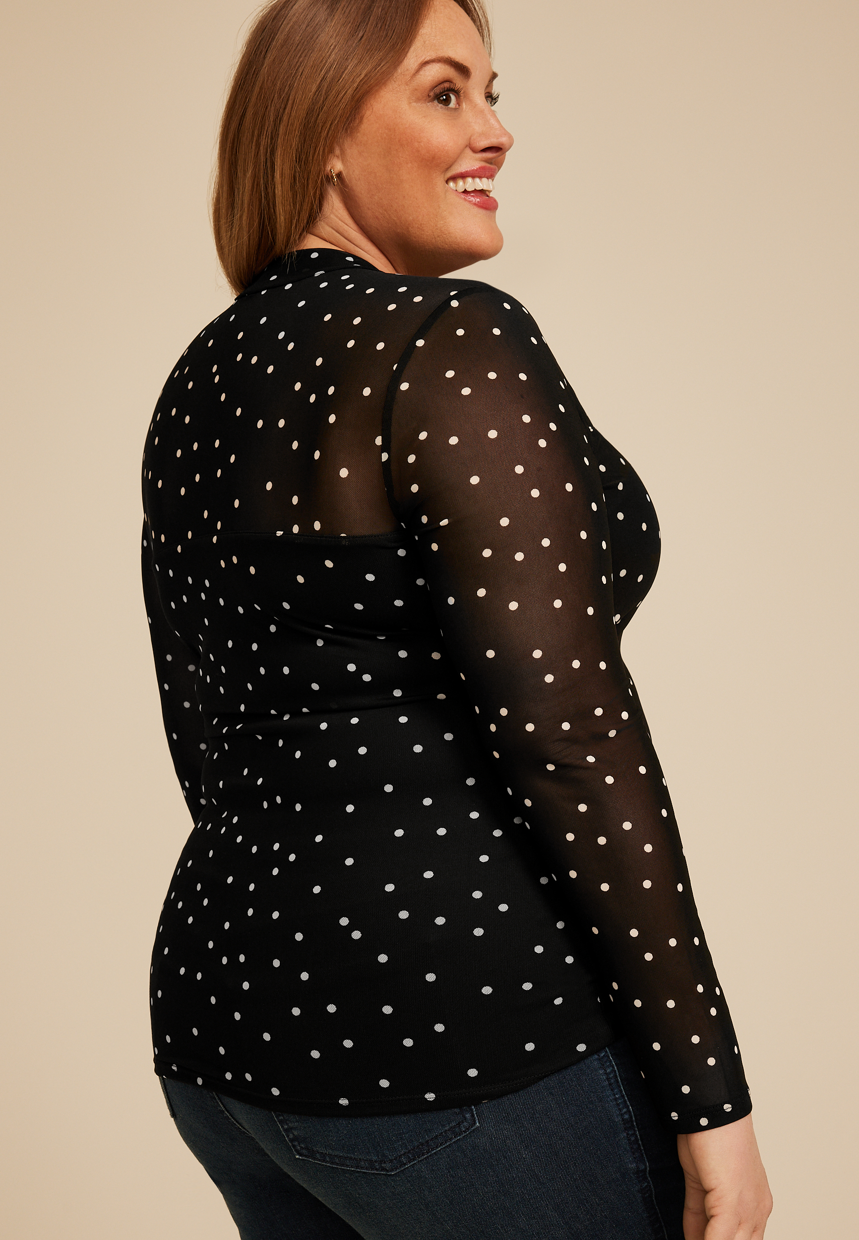 Plus Size Polka Dot Mesh Mock Neck Blouse, C1756, large