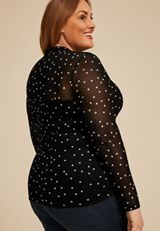 Plus Size Polka Dot Mesh Mock Neck Blouse, C1756, small