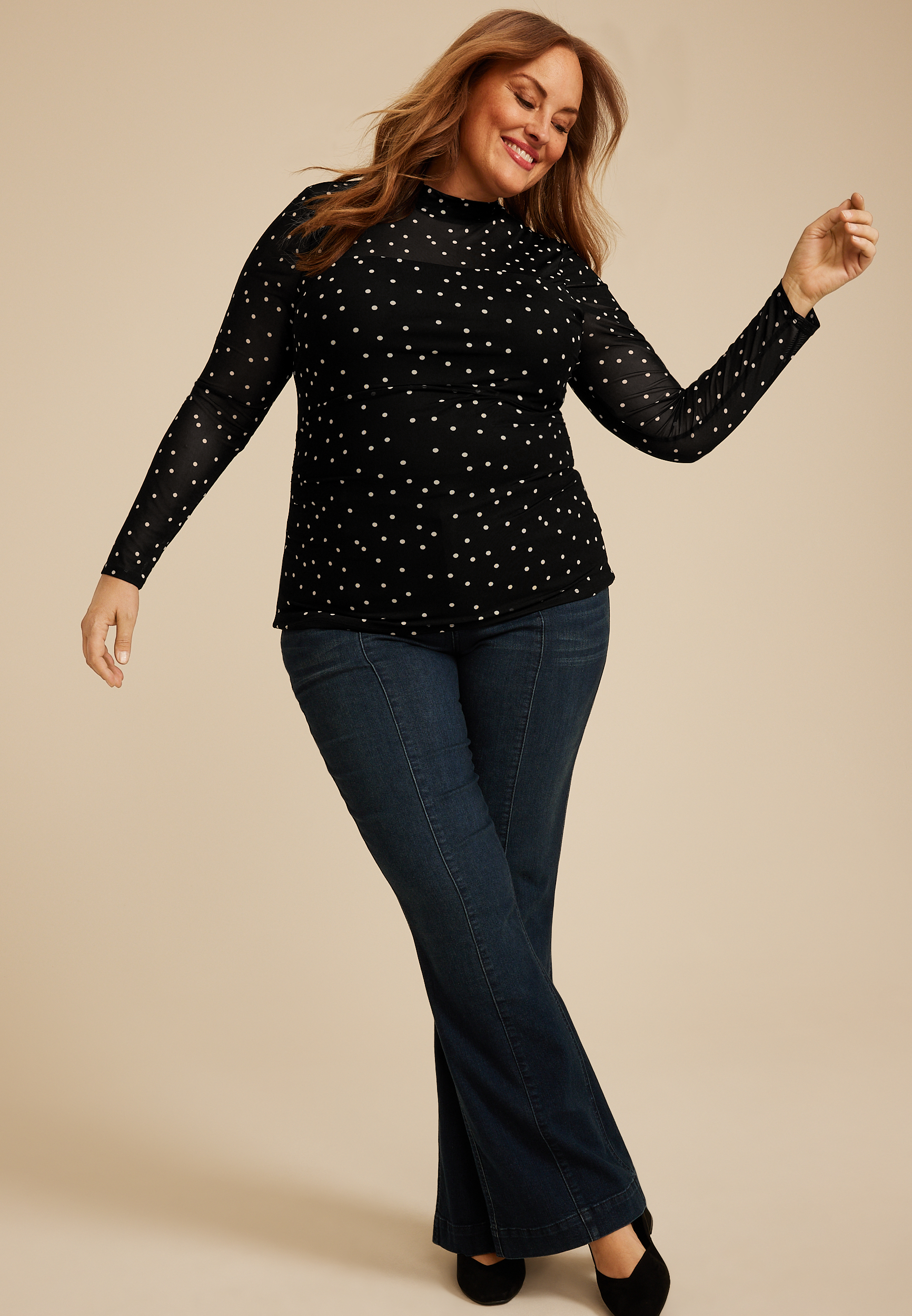 Plus Size Polka Dot Mesh Mock Neck Blouse, C1756, large