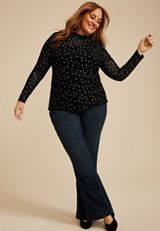 Plus Size Polka Dot Mesh Mock Neck Blouse, C1756, small