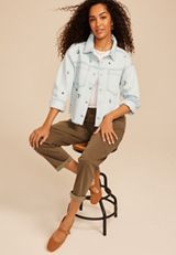 Floral Embroidered Cropped Denim Jacket, C2806, small