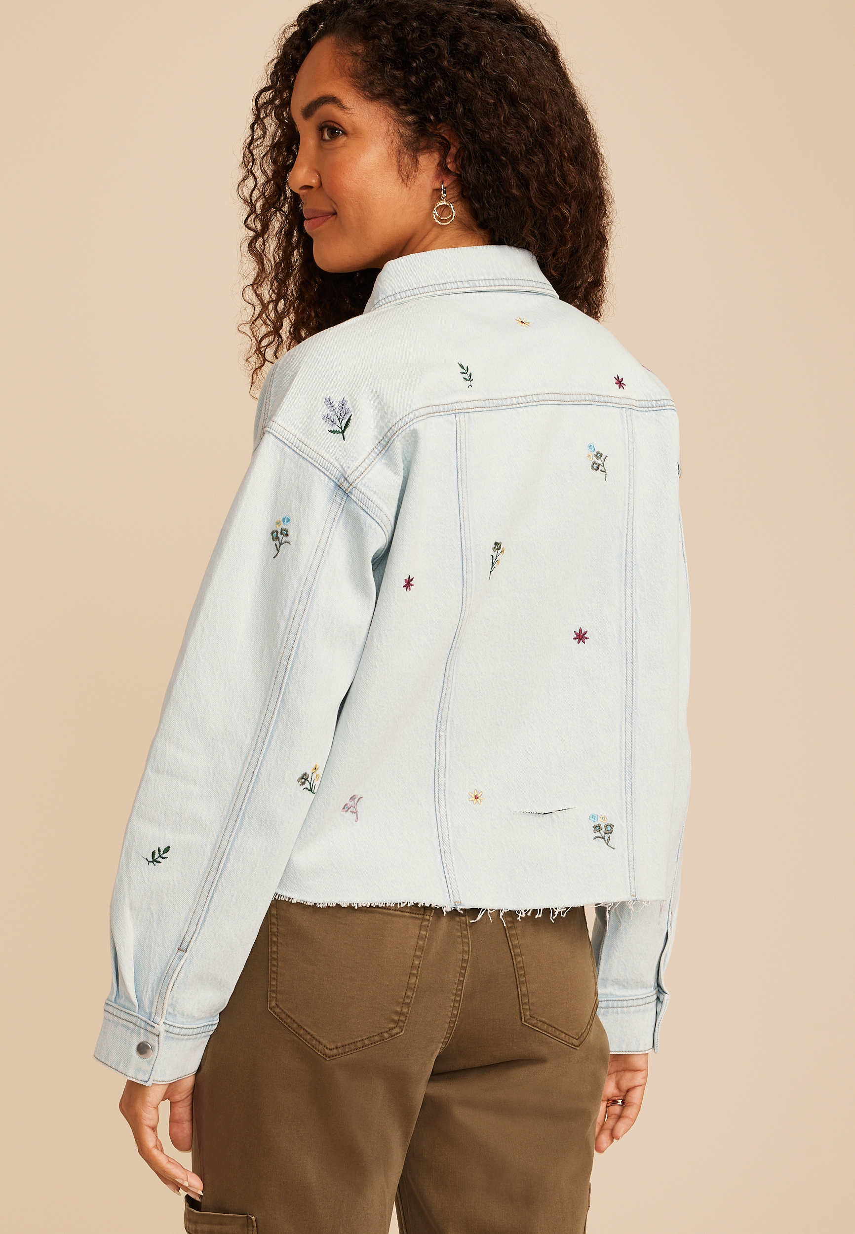 Floral Embroidered Cropped Denim Jacket, C2806, large