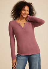 Pointelle Notch Neck Ribbed Long Sleeve Tee, C6578, small