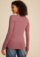 Pointelle Notch Neck Ribbed Long Sleeve Tee, C6578, small