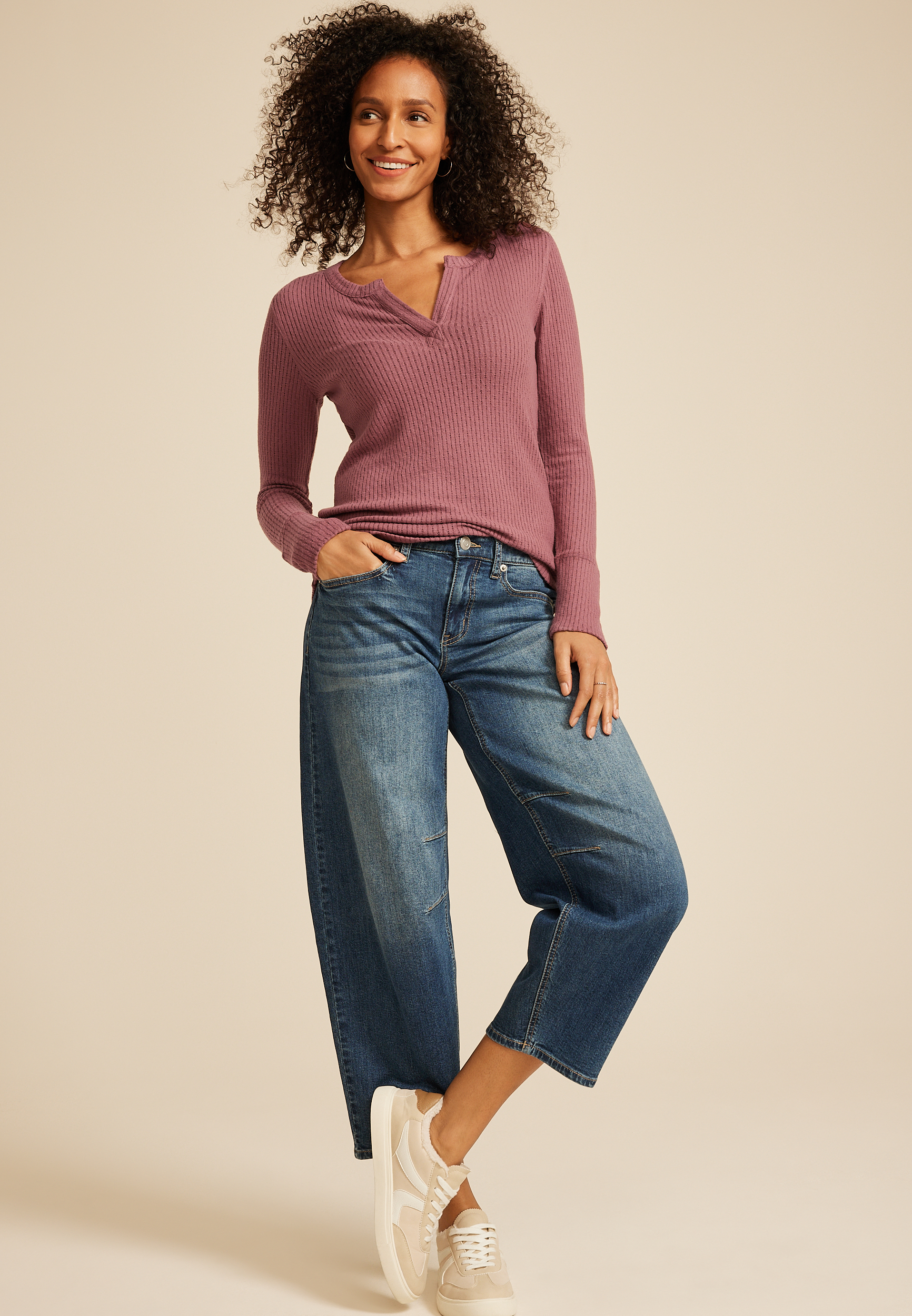 Pointelle Notch Neck Ribbed Long Sleeve Tee, C6578, large