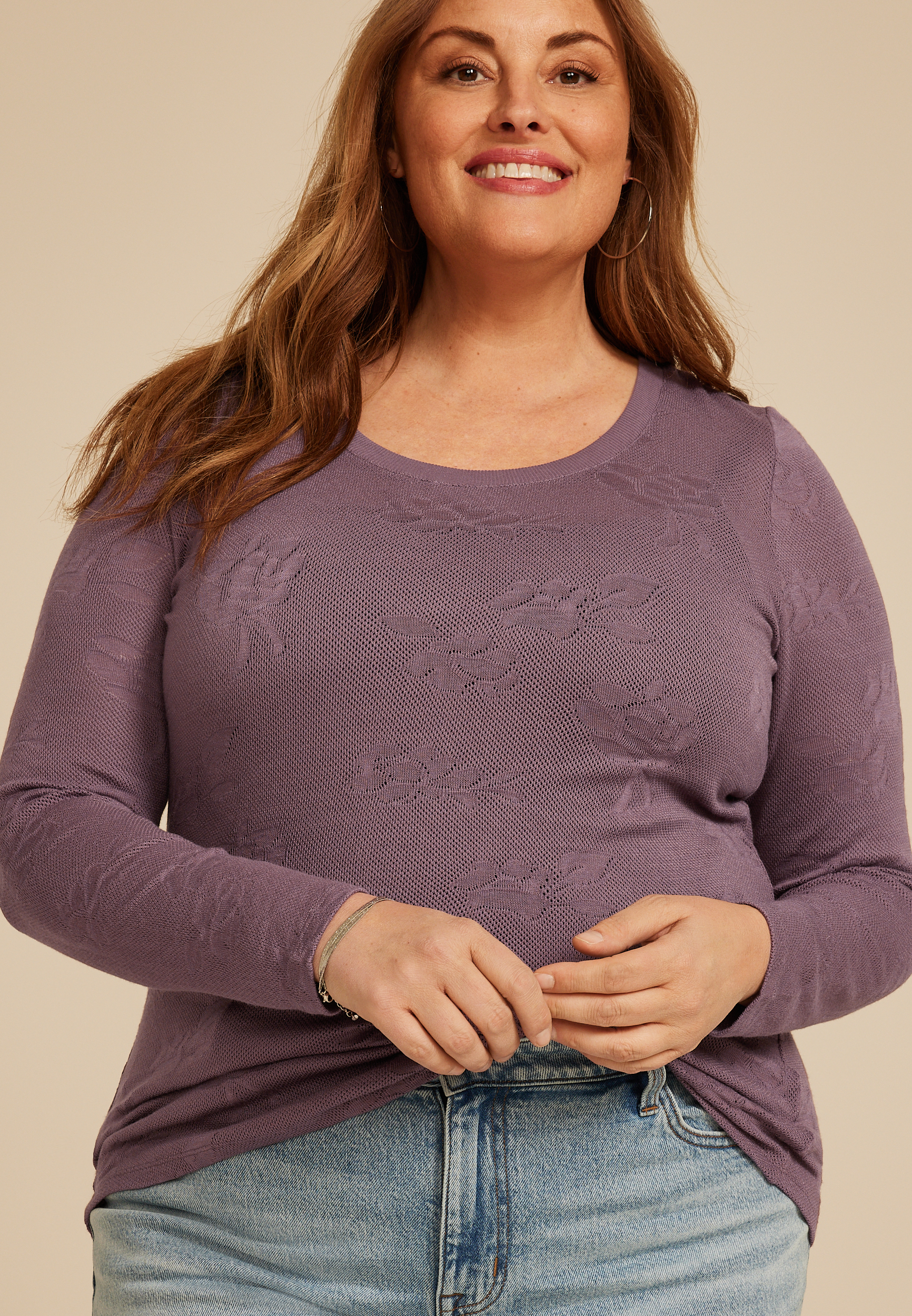 Plus Size Floral Jacquard Mesh Top