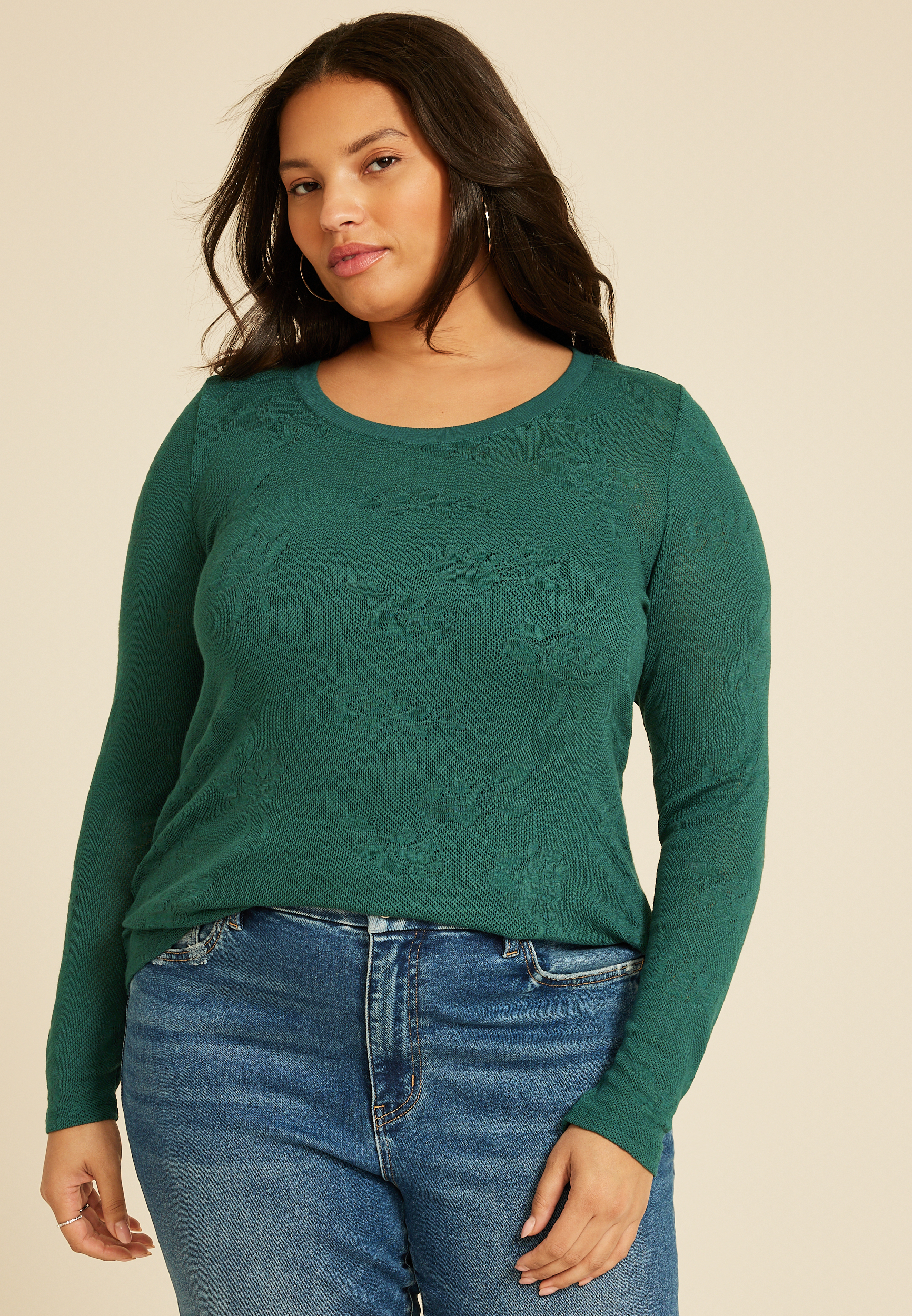 Plus Size Floral Jacquard Mesh Top