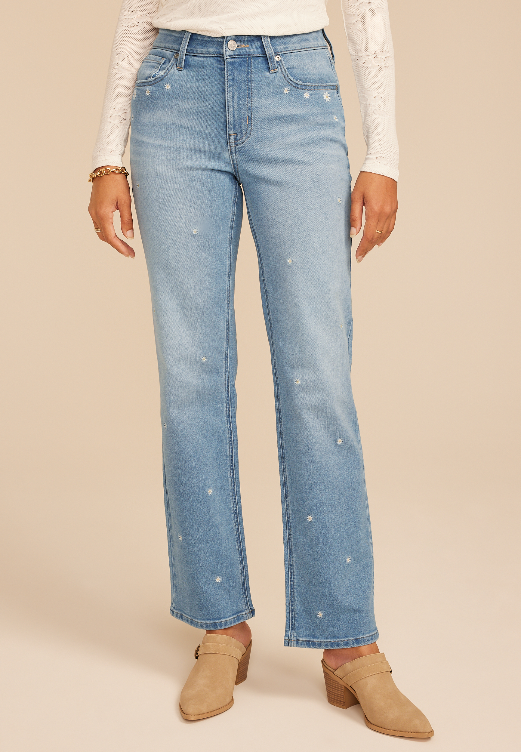 m jeans by maurices&trade; High Rise Embroidered Daisy Relaxed Straight Jean