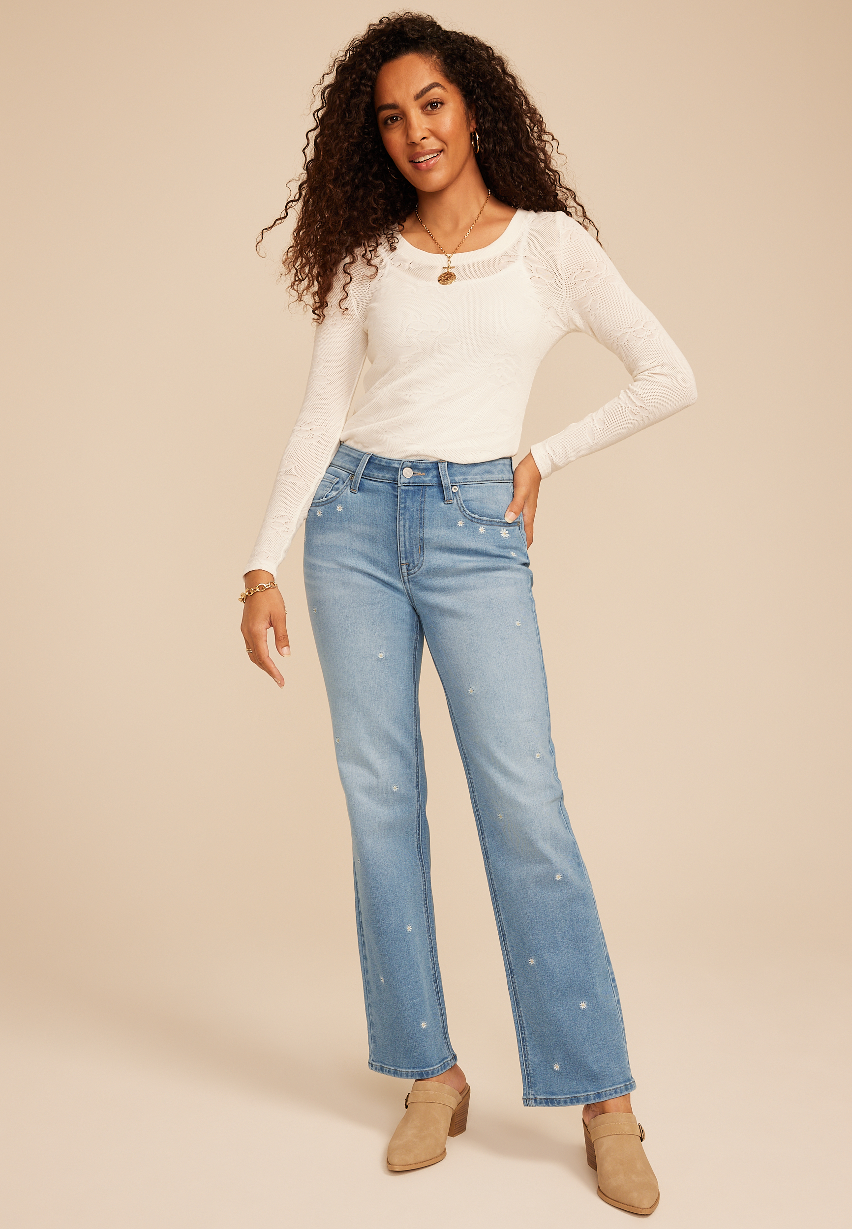 Daisy Embroidered High Rise Relaxed Straight Jean | maurices