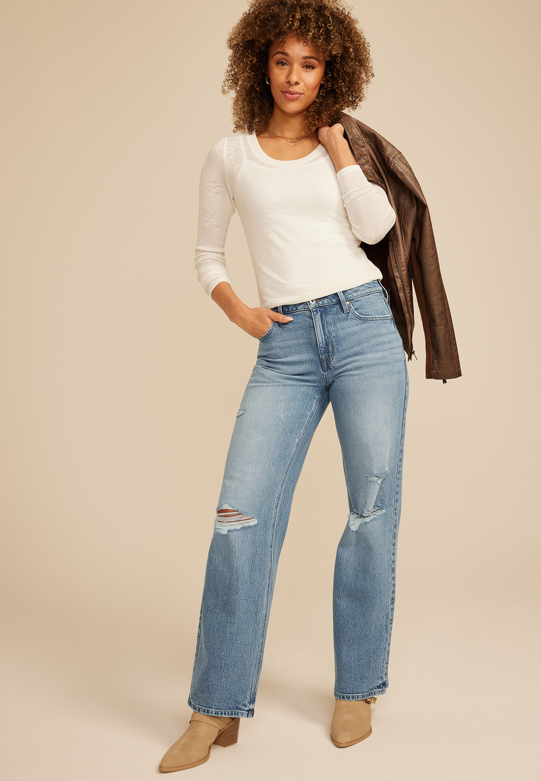 edgely&trade; High Rise Open Ripped Wide Leg Jean