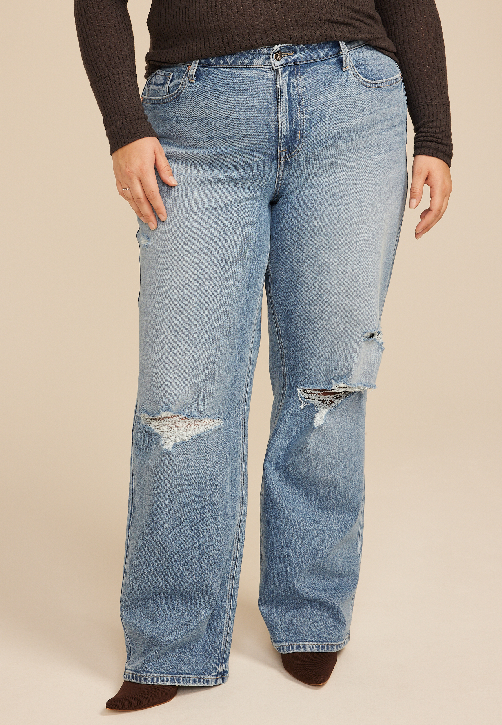 Plus Size edgely&trade; High Rise Open Ripped Wide Leg Jean