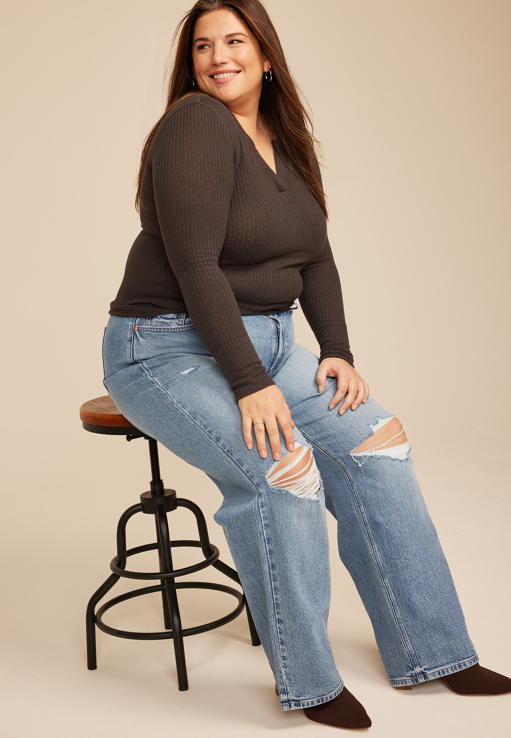 Plus Size edgely&trade; High Rise Open Ripped Wide Leg Jean, C3337, large