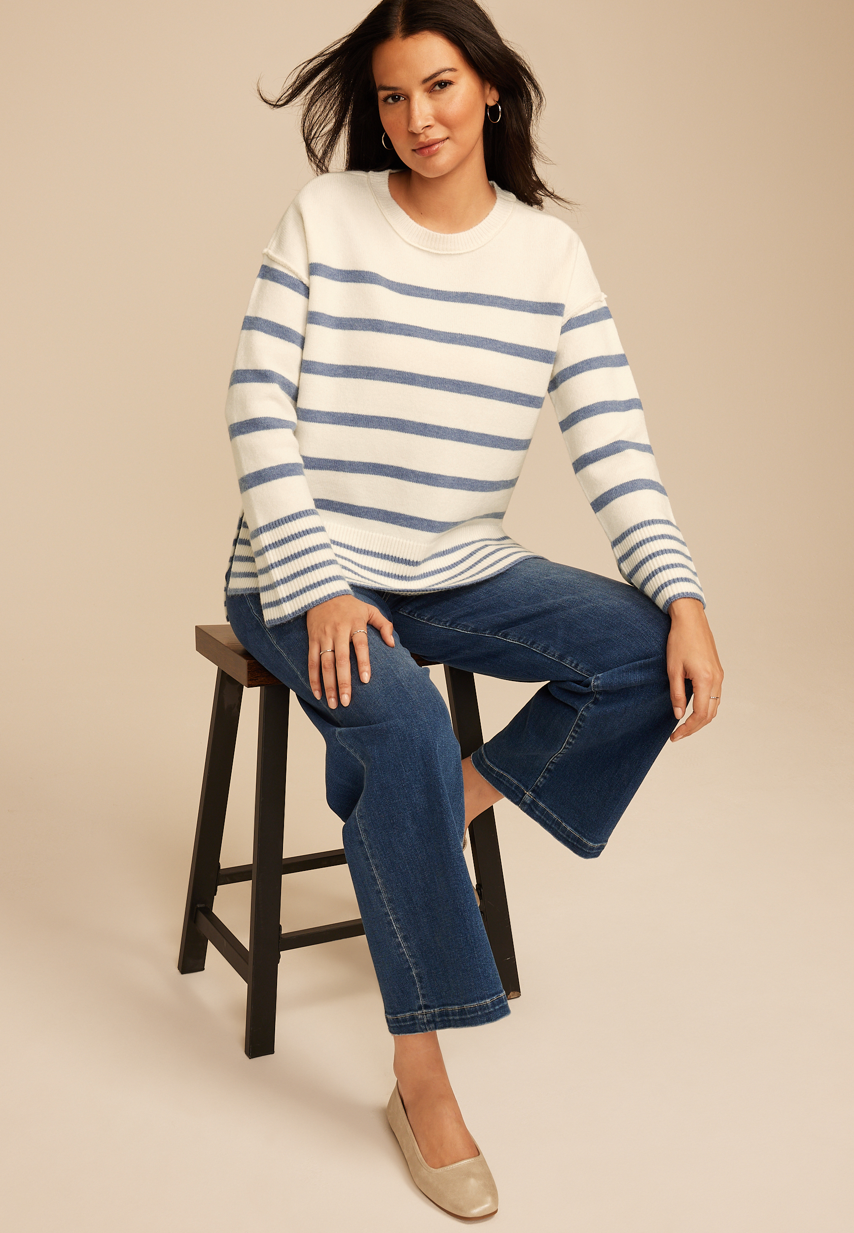 Striped Crew Neck Step Hem Sweater