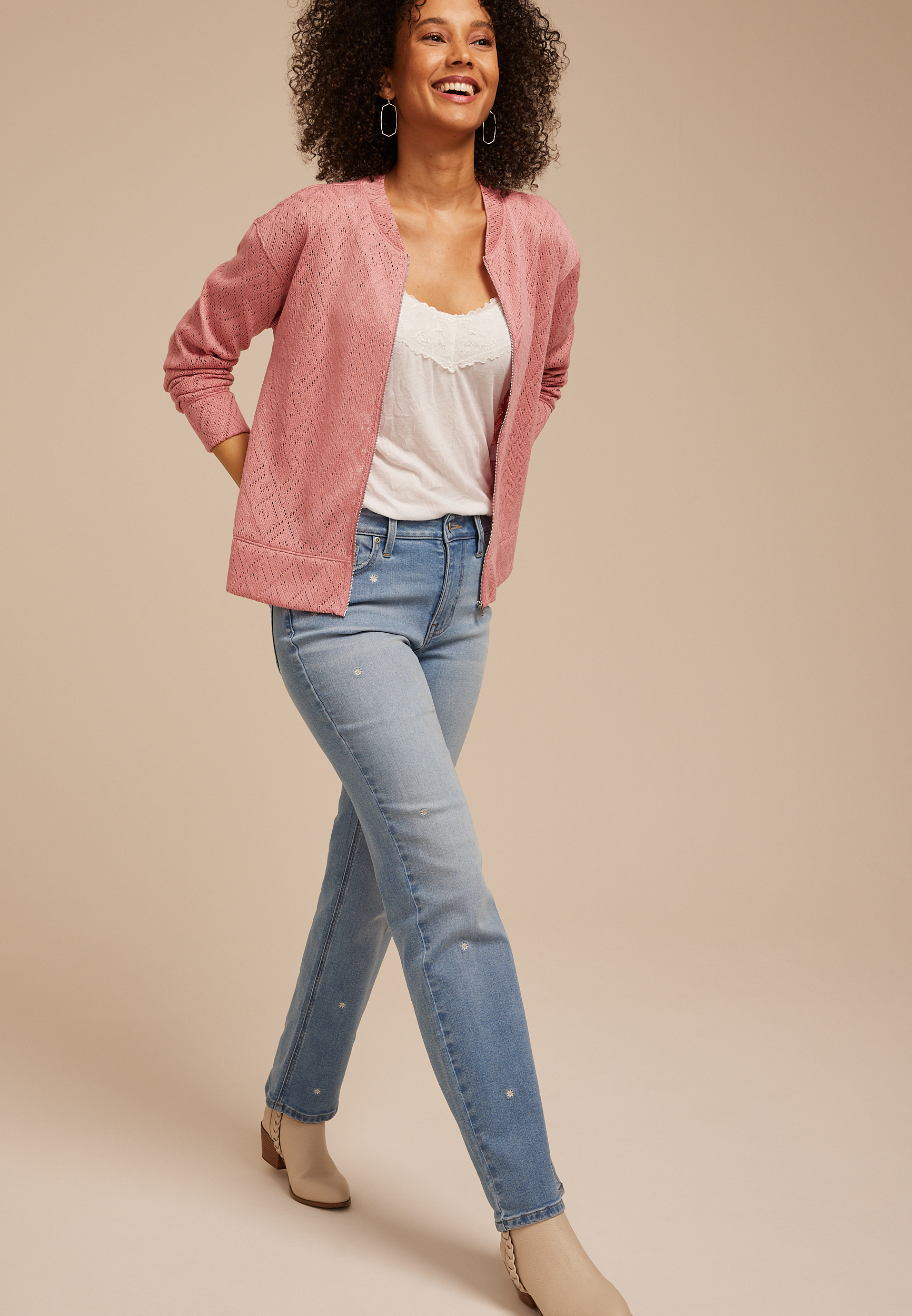 Diamond Pointelle Knit Zip Front Cardigan