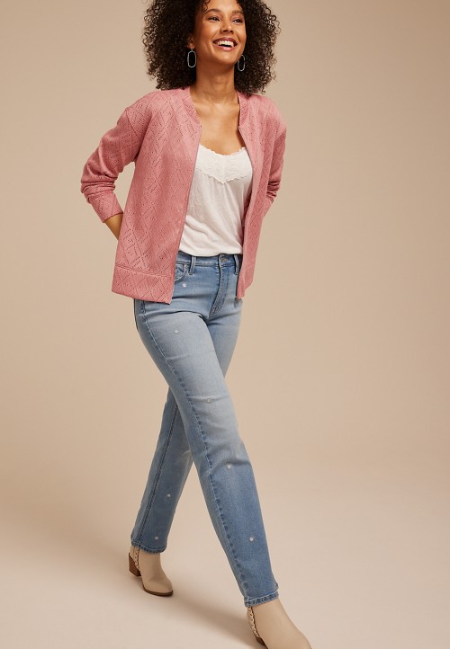 Diamond Pointelle Knit Zip Front Cardigan | maurices
