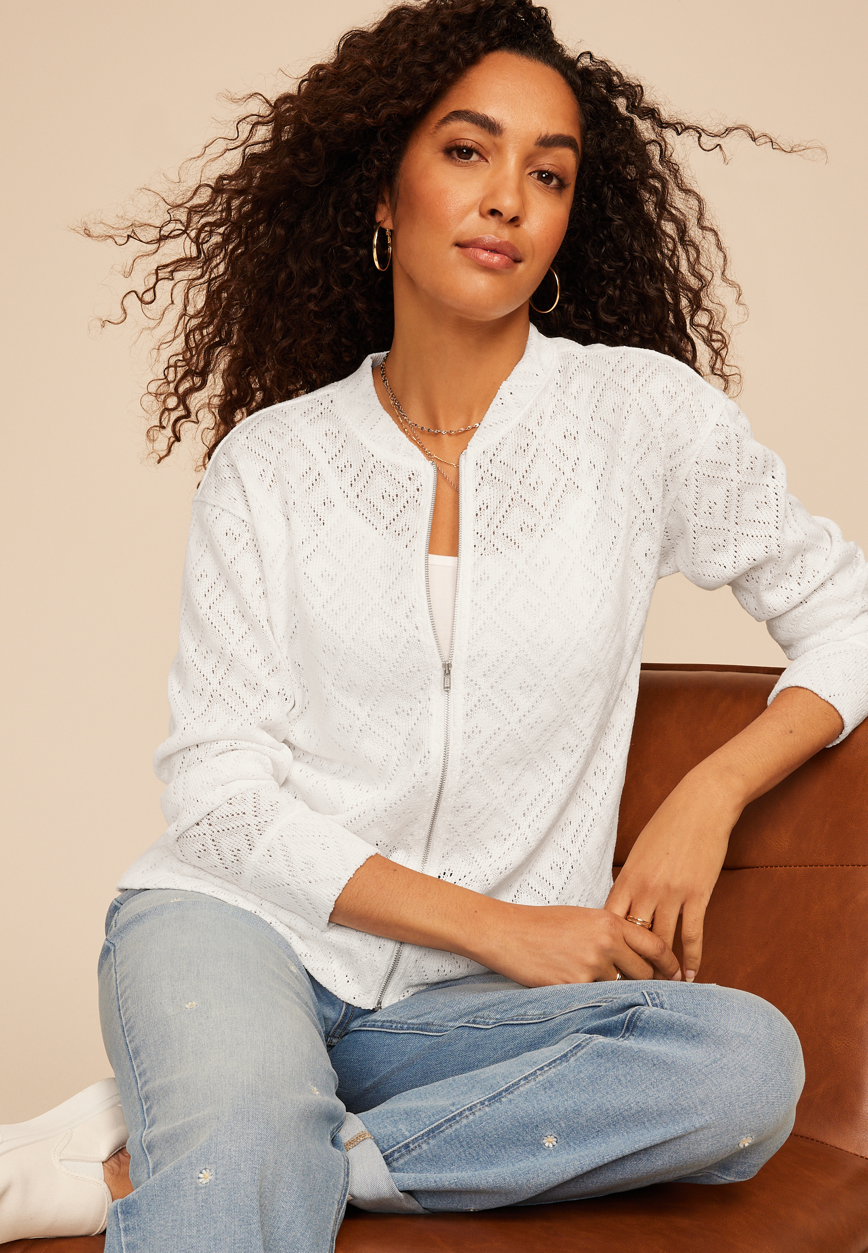 Diamond Pointelle Knit Zip Front Cardigan