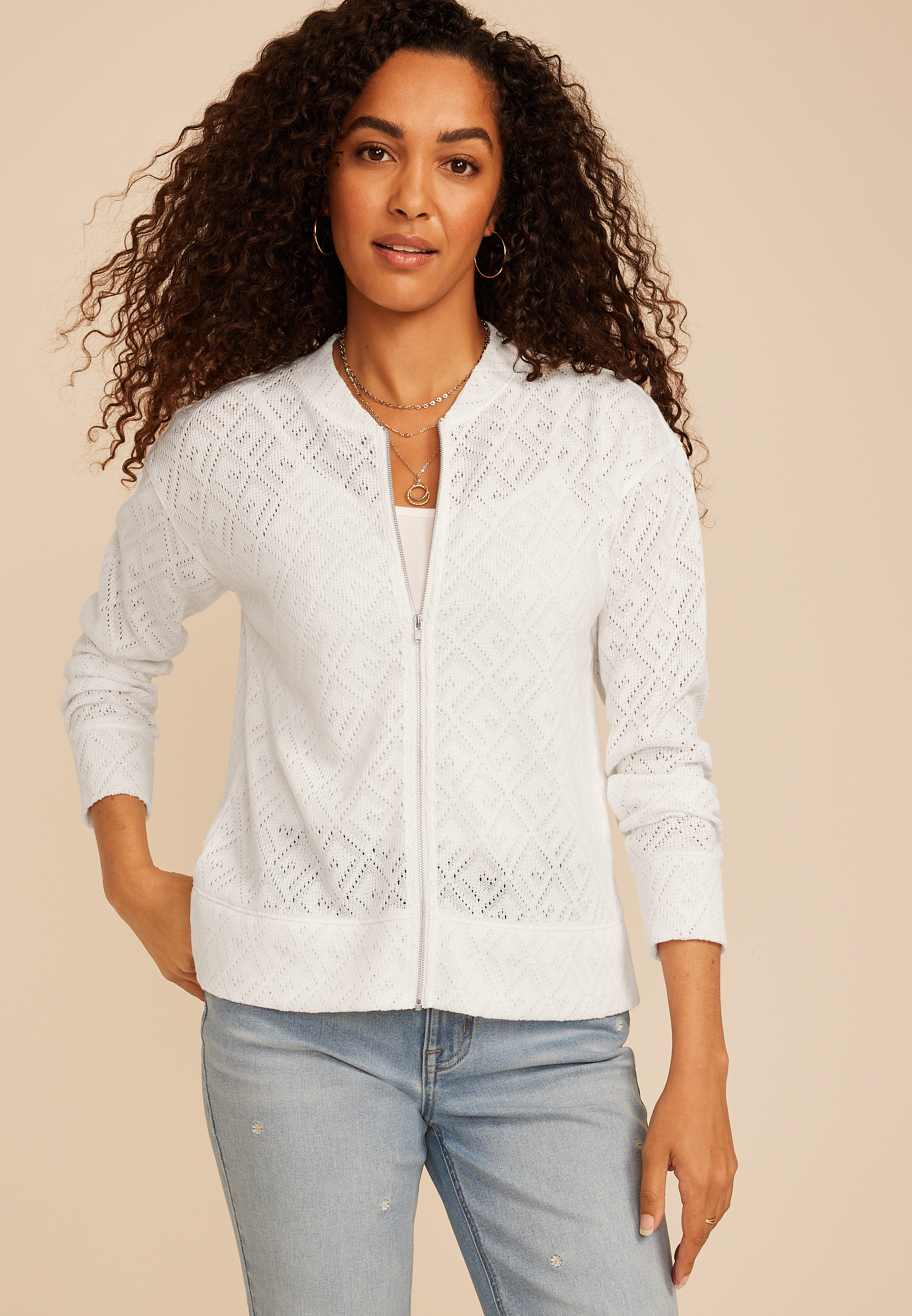 Diamond Pointelle Knit Zip Front Cardigan, C9298, large