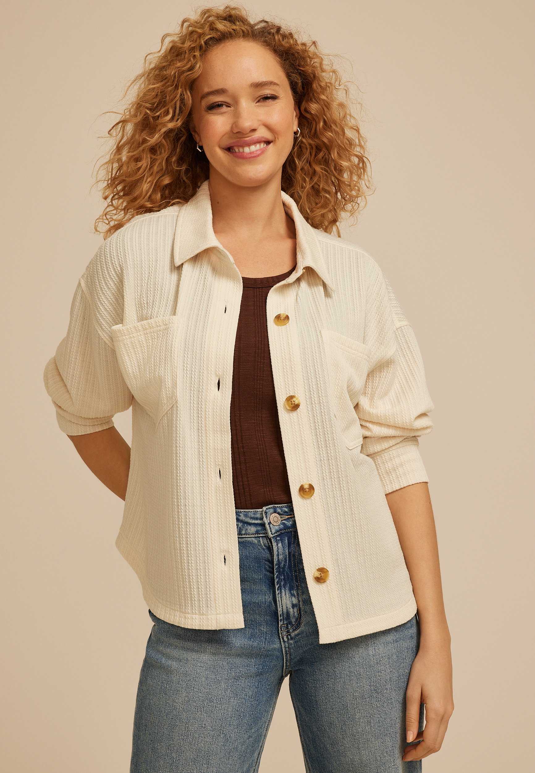 Cabled Texture Cropped Shacket