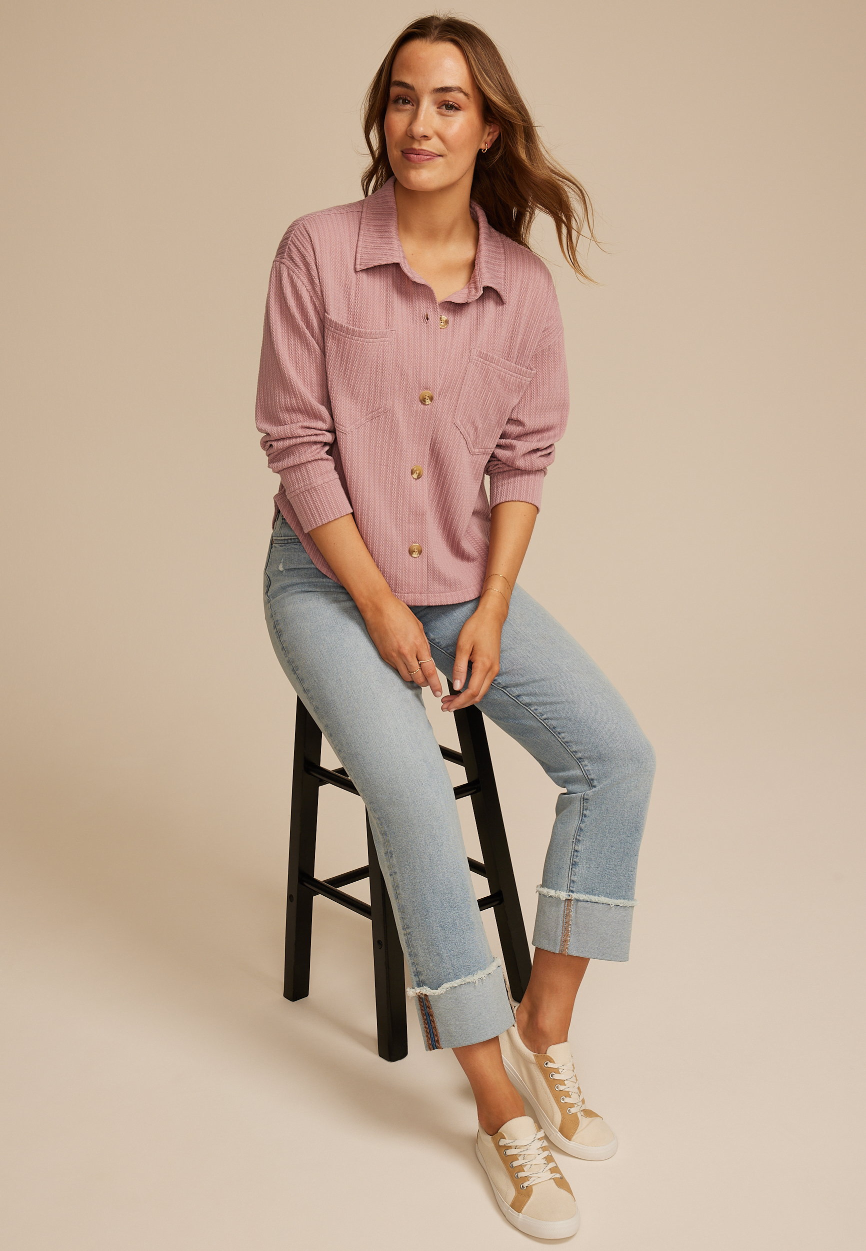 Cabled Texture Cropped Shacket, C6135, large