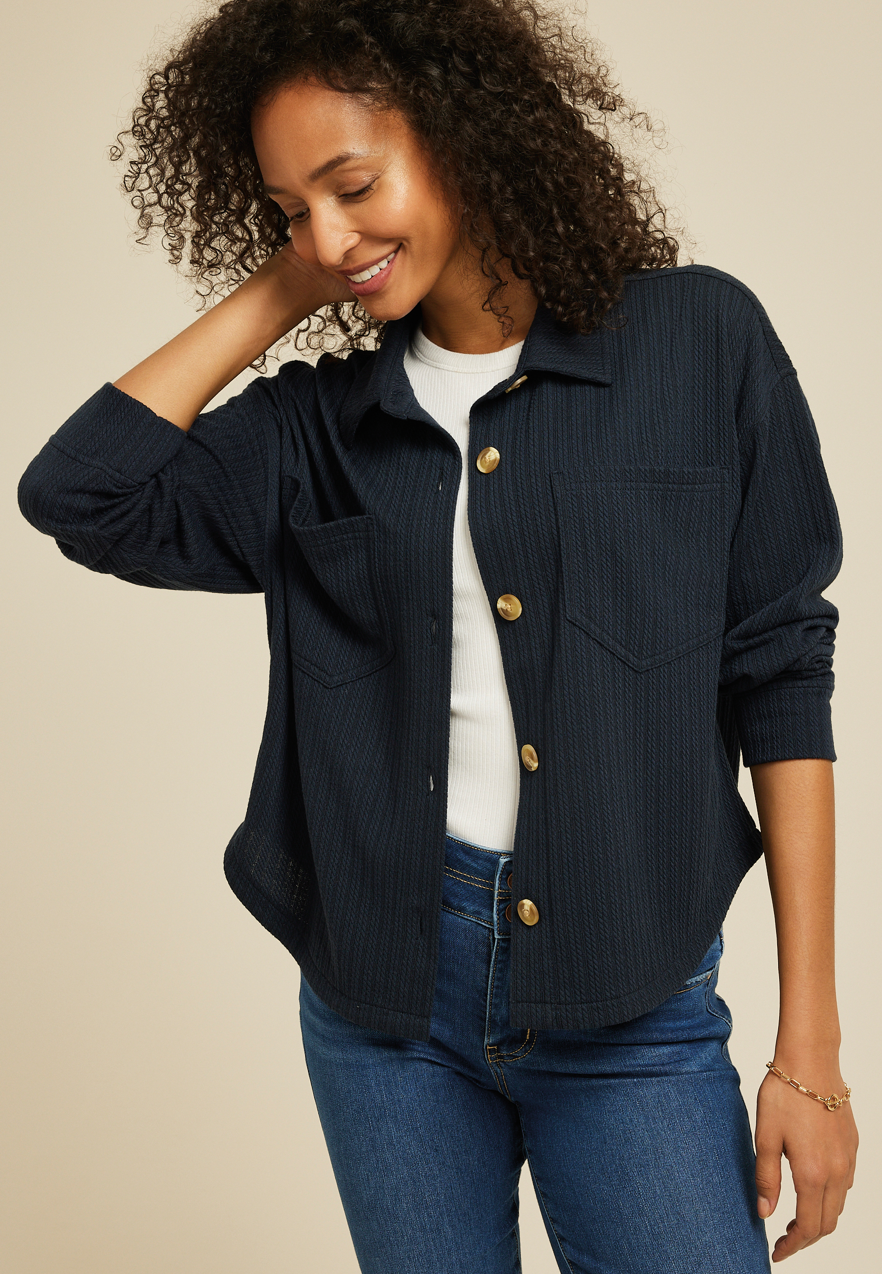 Cabled Texture Cropped Shacket