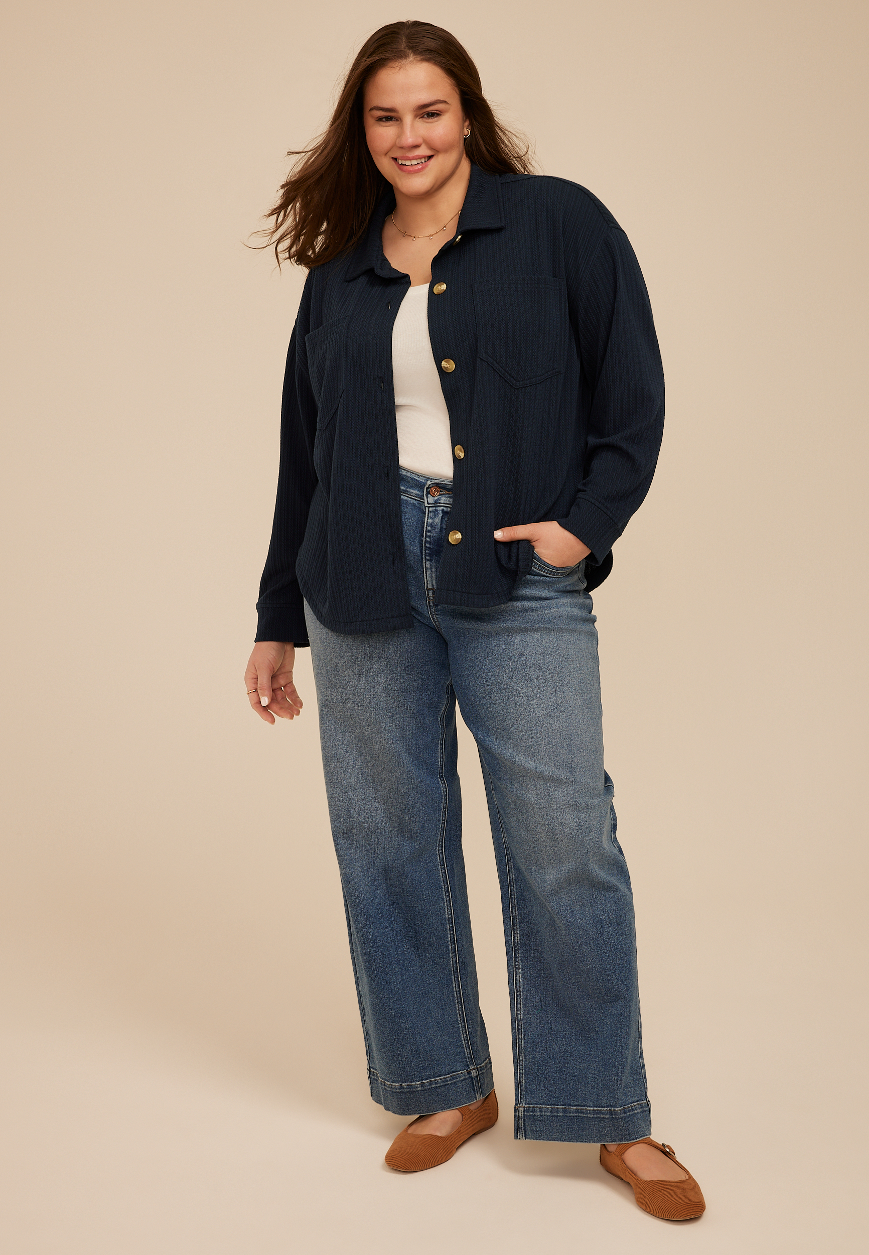 Plus Size Cabled Texture Cropped Shacket