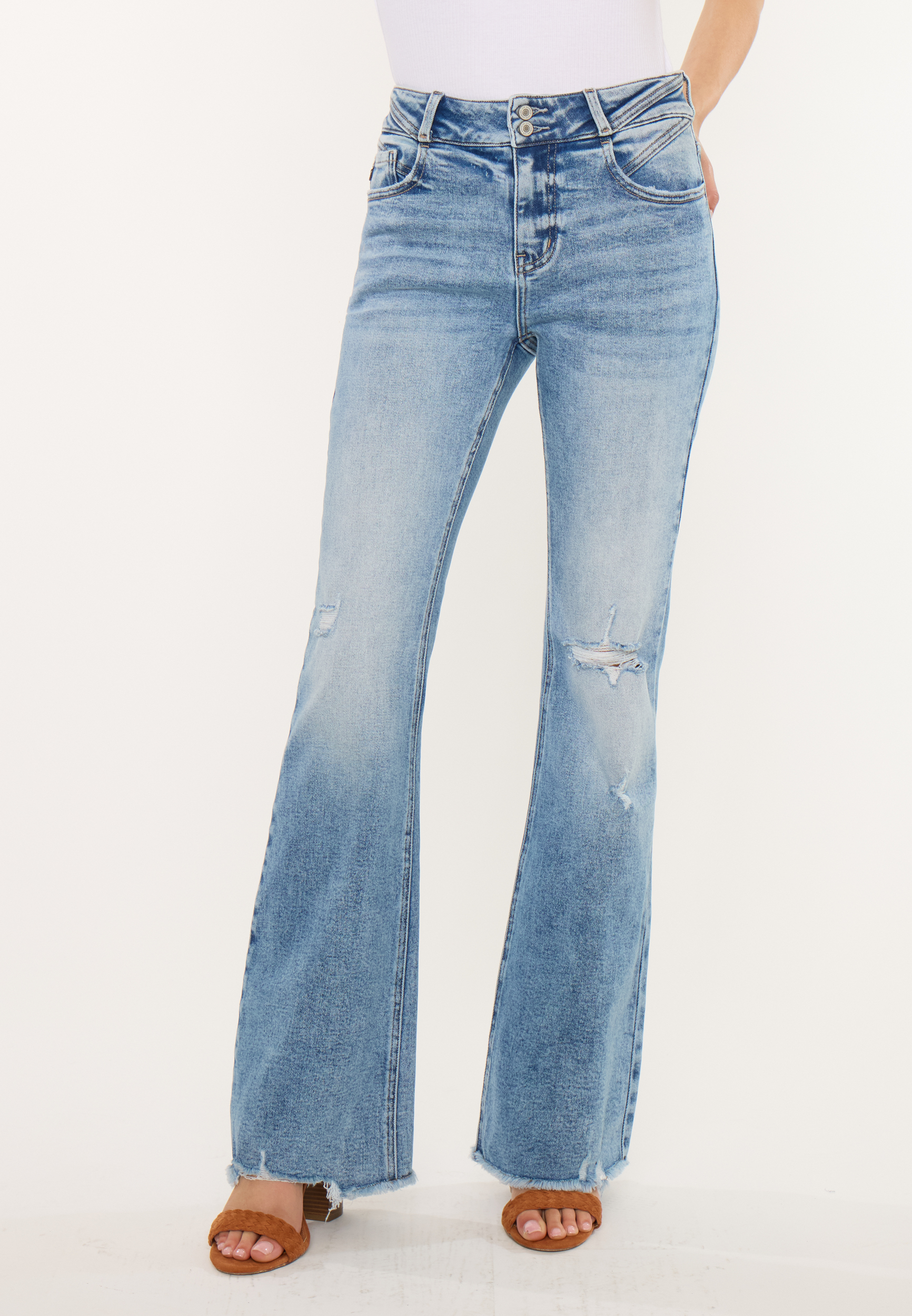 KanCan&trade; High Rise Double Button Fray Hem Flare Jean