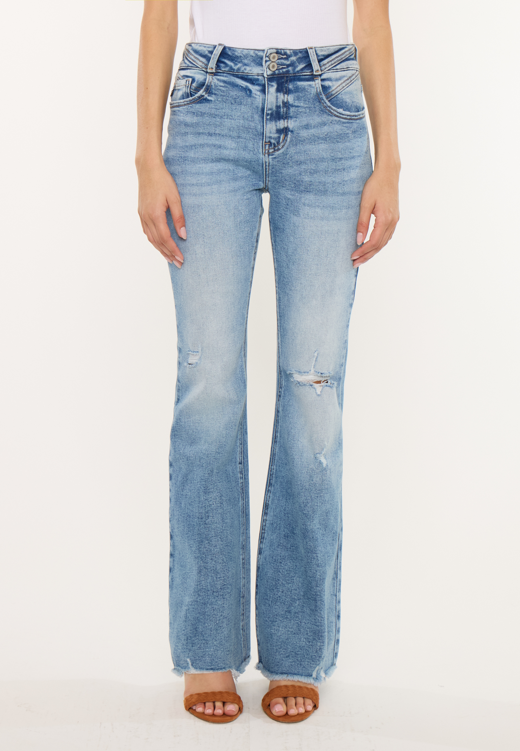 KanCan&trade; High Rise Double Button Fray Hem Flare Jean, C3337, large