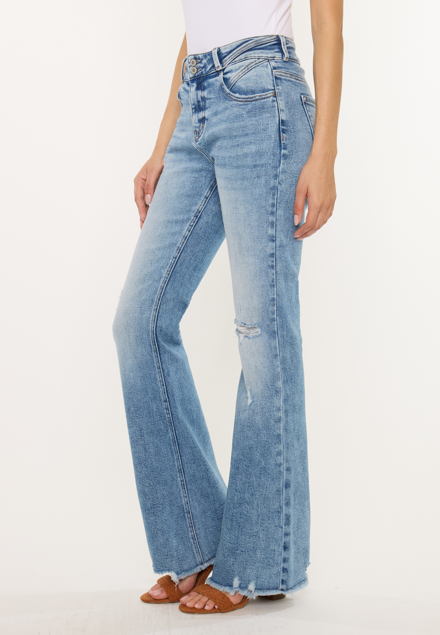 KanCan&trade; High Rise Double Button Fray Hem Flare Jean, C3337, large