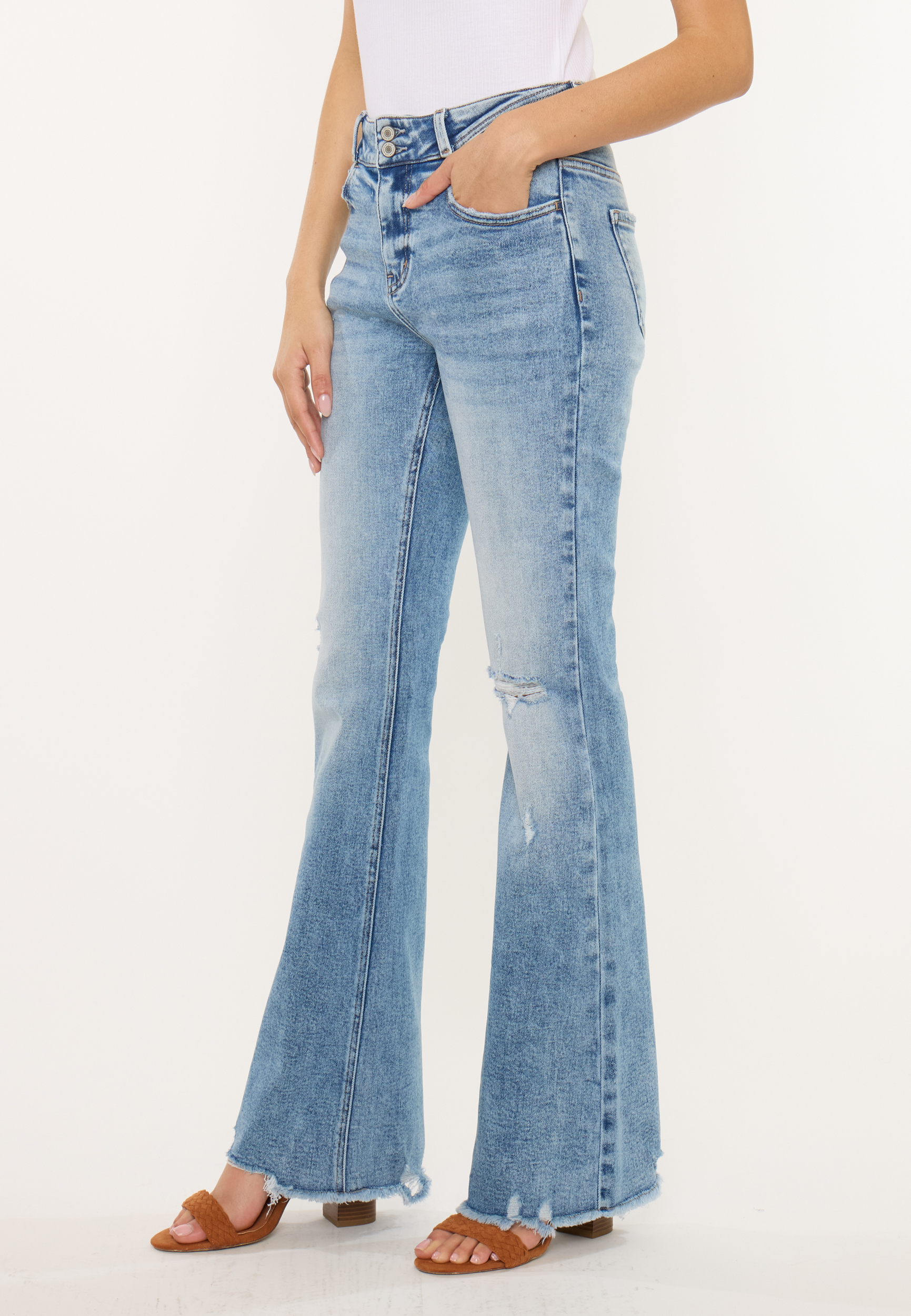KanCan&trade; High Rise Double Button Fray Hem Flare Jean, C3337, large